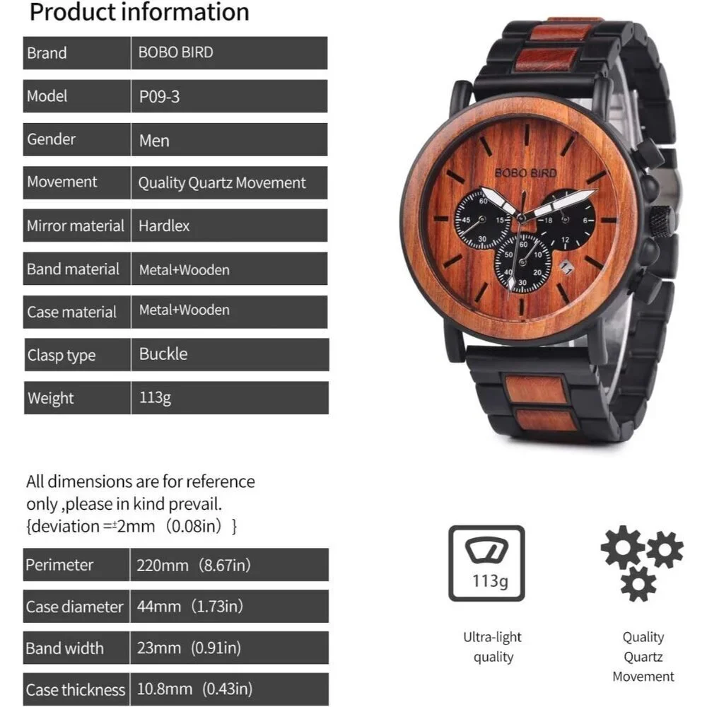 Men's Red Wood Stainless Steel Combined Chronograph Military Quartz Watches